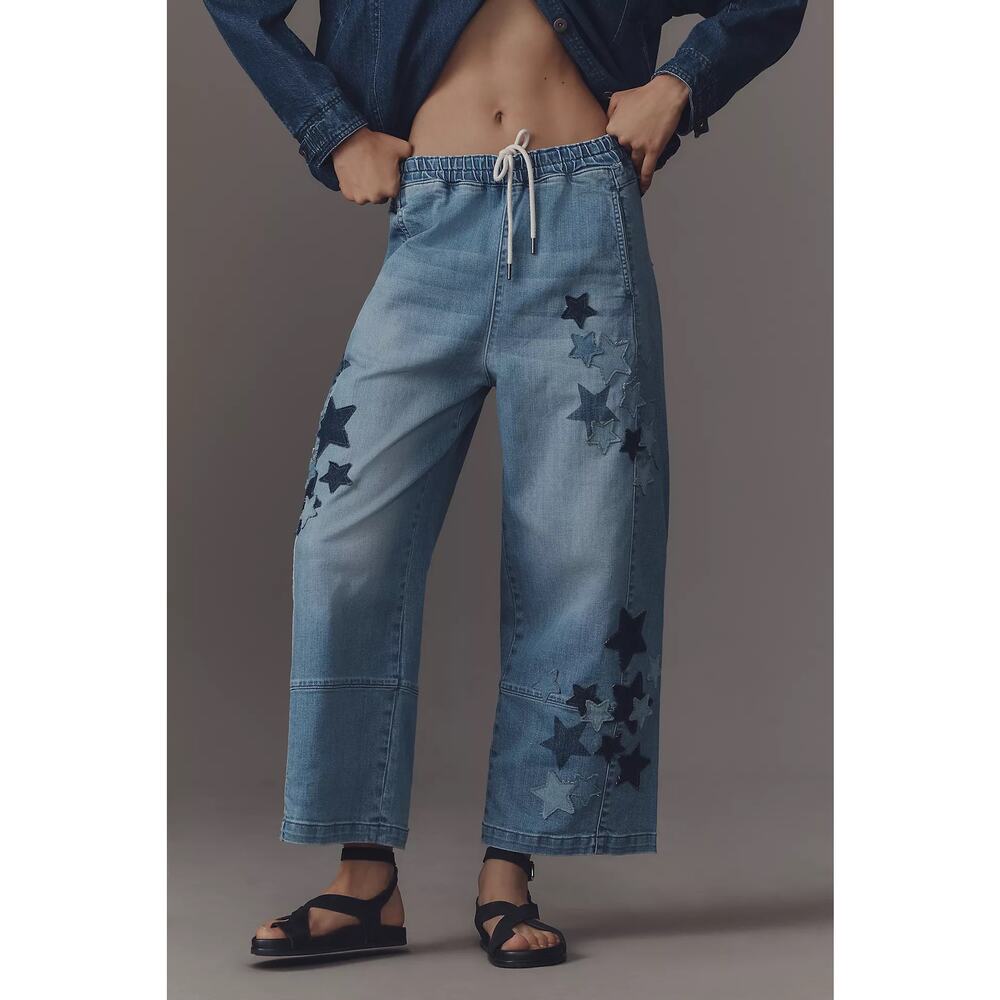 nwt ANTHROPOLOGIE PILCRO sz M The Izzie Pull-On Barrel Jeans w star applique - Picture 4 of 7